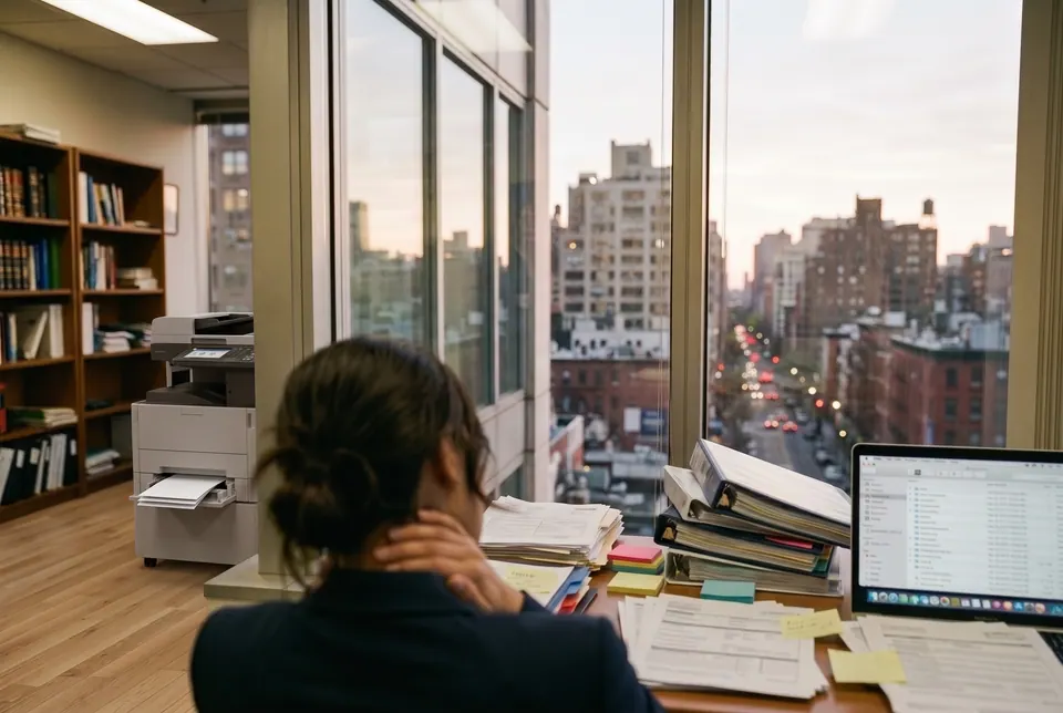 At the same office desk, seen from behind, the attorney rubs her neck in front of stacks of papers, folders, and binders.