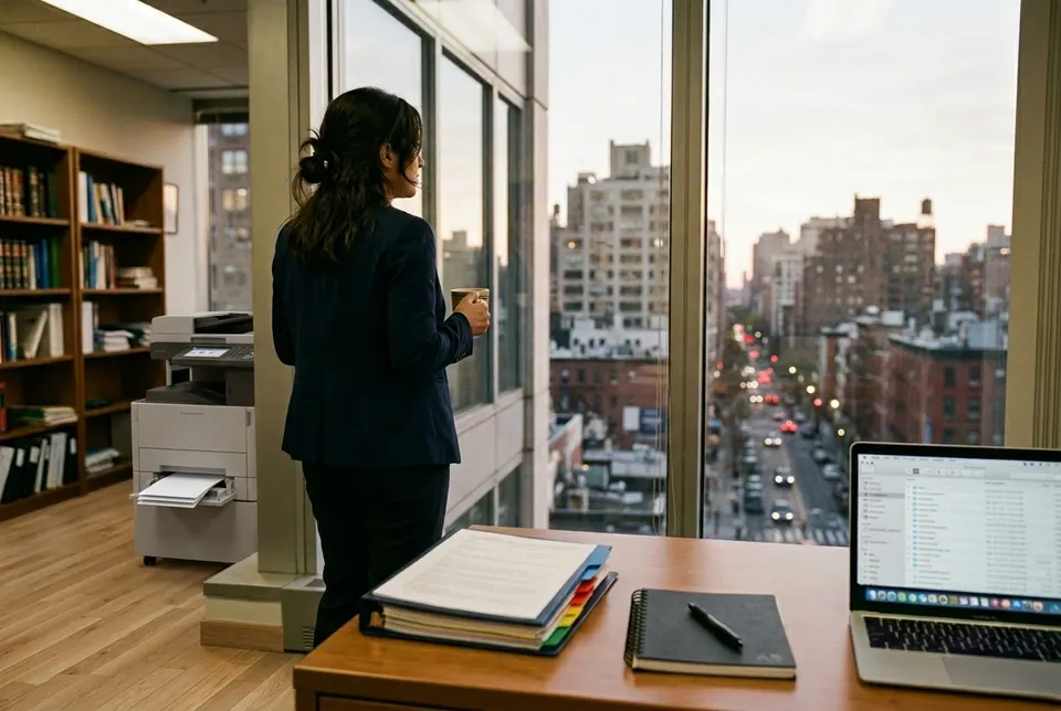 An attorney stands by the office window with a coffee while the prepared case binder waits on the desk.
