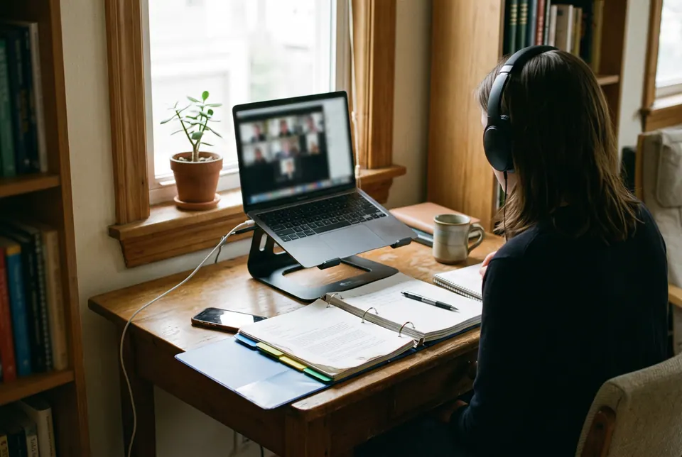 A remote paralegal with headphones works from a home desk on a video call with the firm, an organized binder open beside the laptop.