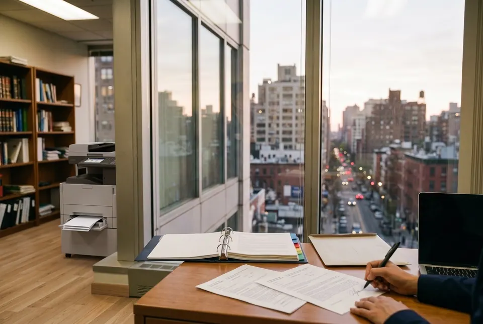 At the same office desk, the attorney's hand signs a form on its signature line, next to the open tabbed binder and a large mailing envelope.