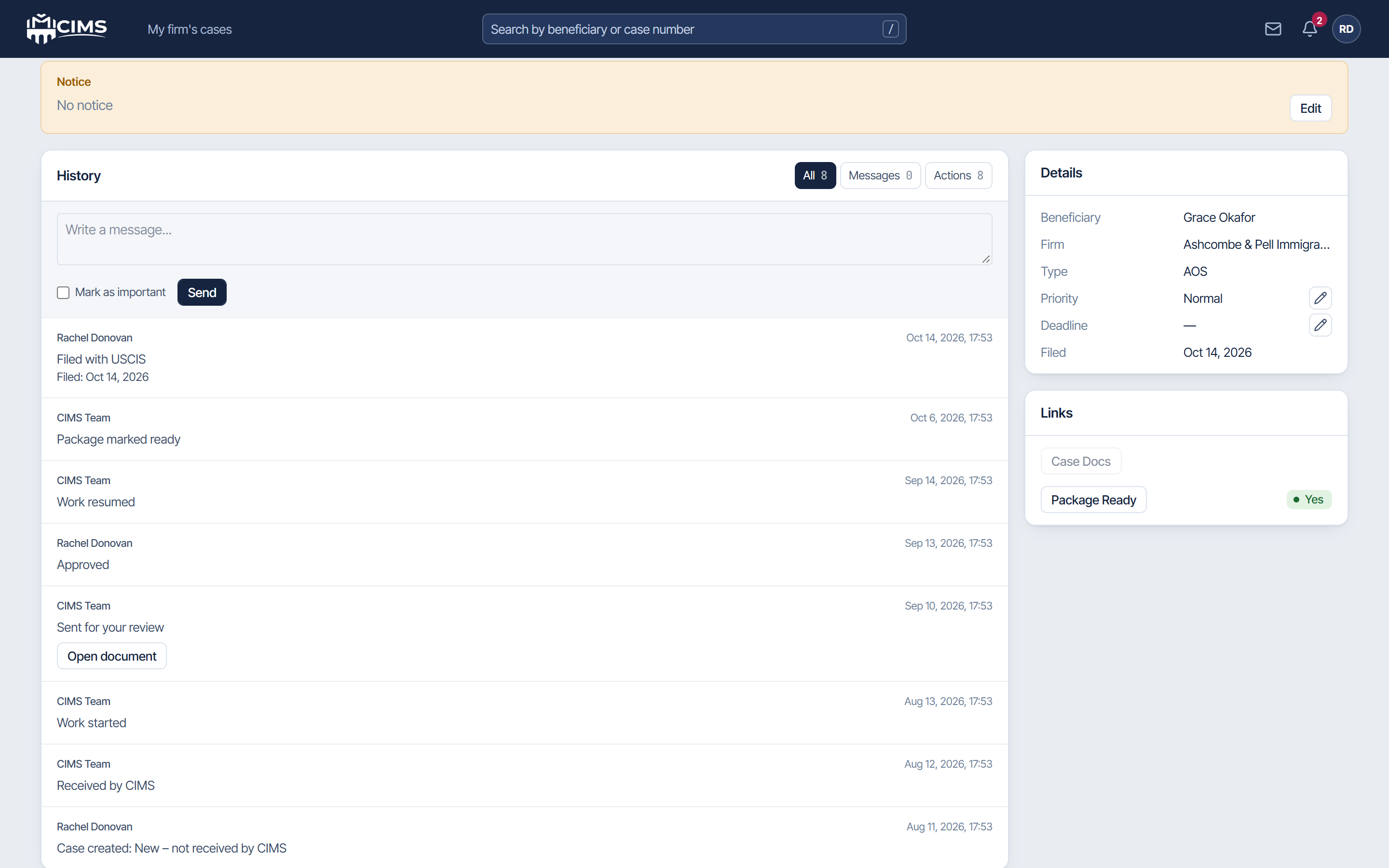 The history of a sample case in CIMS Portal: each step, who made it, and its date.